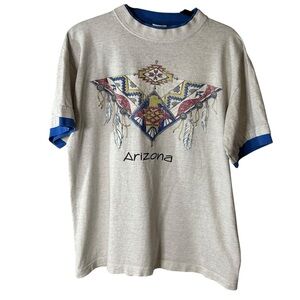 VINTAGE | 90s Arizona Layered Graphic Tee - White + Grey + Blue Trim - Sz Large